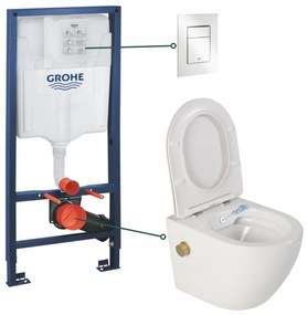 Set vas wc suspendat cu functie bideu alb si baterie inclusa auriu mat Foglia Oslo, rezervor wc incastrat si clapeta alb alpin, Grohe