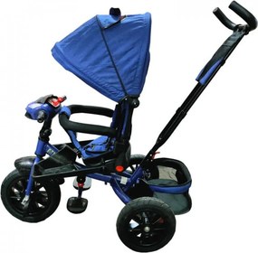 Tricicleta cu copertina NOVOKIDS Super Trike, Cu melodii si lumini, Roti din cauciuc, Pozitie somn, Scaun reversibil cu rotatie 360 grade, Albastru