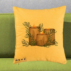 Perna Decorativa Lumanari Rustice cu Crengute Brad, 40x40 cm, Galben, Husa Detasabila, Perna Inclusa, BEKZ®