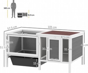 PawHut Conigliera de Exterior cu Casă, Zonă de Alergare și Tavă, Cușcă pentru Iepuri din Lemn de Brad, Metal, PET și Acoperiș din Bitum, 105 x 57.5 x 51.5 cm, Multicolor | Aosom Romania