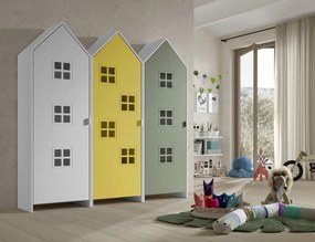 Set 3 dulapuri pentru copii Casami Bruges tip colibă de plajă – 1 cu ușă albă, 1 cu ușă Galben Strălucitor și 1 cu ușă Verde Intens – Vipack