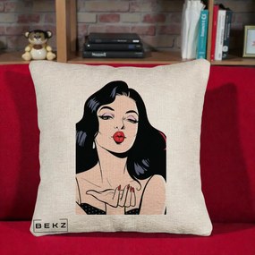 Perna Decorativa Femeie Pop-Art Kiss, 40x40 cm, Bej Canapea, Husa Detasabila, Perna Inclusa, BEKZ®