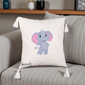 Perna Decorativa Pui de Elefant Kawaii, 40x40 cm, Bej cu Franjuri, Husa Detasabila, Perna Inclusa, BEKZ®