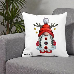 Perna Decorativa Pitic Gnom Craciun cu Coarne de Ren, 40x40 cm, Alba Mata, Husa Detasabila, Perna Inclusa, BEKZ®