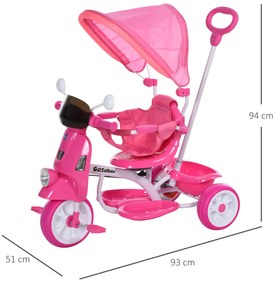Tricicleta Carucior in forma de Motocicleta pentru Copii 18-72 Luni (25 kg) cu Paravan si Maner, PP, Metal, Poliester, Roz HOMCOM | Aosom RO
