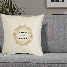 Cadou pentru Bunica - Perna Personalizata Cea Mai Buna Bunica Coronita Frunze Acuarela, 40x40 cm, Ecru, Husa Detasabila, Perna Inclusa, BEKZ®