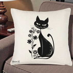 Perna Decorativa Pisica Neagra Grafica Minimalista, 40x40 cm, Crem Reliefat, Husa Detasabila, Perna Inclusa, BEKZ®