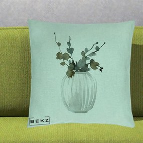 Perna Decorativa Vaza cu Eucalipt Watercolor, 40x40 cm, Verde Menta, Husa Detasabila, Perna Inclusa, BEKZ®