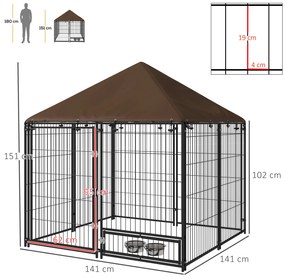 PawHut Gard pentru Câini din Metal cu Ușă pentru Boluri, Gard pentru Câini de Exterior cu Acoperiș, 141x141x151 cm, Negru și Maro