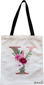 Sacosa de Panza pentru Cumparaturi, Geanta Tote, Cu litera Y Rose Gold si Trandafiri, Cu fermoar, 38x34.5 cm, Alba, BEKZ®