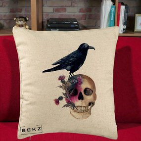 Perna Decorativa Craniu cu Corb si Flori Gothic, 40x40 cm, Bej, Husa Detasabila, Perna Inclusa, BEKZ®