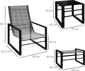 Outsunny Salon de grădină 5 piese 2 locuri cu 2 fotolii, 2 scaune pentru picioare și 1 masă, metal negru, șezut material mesh gri | Aosom Romania
