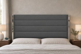 Pat tapițat din catifea Veyra 140×200 cm, gri închis, detalii argintii, cu ladă de depozitare