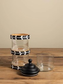 Set 3 borcane suprapuse din sticlă cu margini și capac din lemn de mango negru, model cu frunze stilizate albe, 42 × 14 cm, „Sylve"
