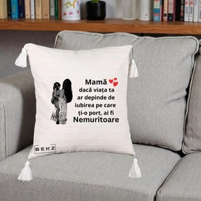 Cadou pentru Mama - Perna Personalizata Mama Nemuritoare Imbratisare, 40x40 cm, Bej cu Franjuri, Husa Detasabila, Perna Inclusa, BEKZ®