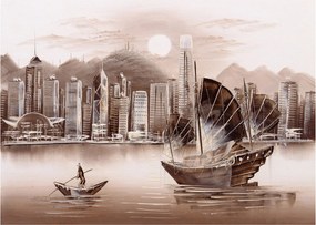 Tablou pe sticlă - Victoria Harbour, Hong Kong, efect sepia (70x50 cm)