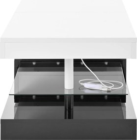 Masă de cafea cu iluminare ambientală LED, poliță din sticlă &amp; finisaj lucios, 90x45x35,5 cm, Alb+Negru