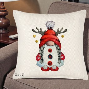 Perna Decorativa Pitic Gnom Craciun cu Coarne de Ren, 40x40 cm, Crem Reliefat, Husa Detasabila, Perna Inclusa, BEKZ®