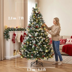 HOMCOM Brad de Crăciun Înzăpezit 210 cm, 400 de Lumini LED Bicolore, Telecomandă, 11 Modalități, 1253 de Ramuri, Conuri de Pin, Fructe Roșii | Aosom Romania