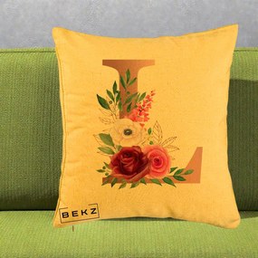 Cadou Personalizat - Perna Personalizata Monograma Rose Gold Litera L, 40x40 cm, Galben, Husa Detasabila, Perna Inclusa, BEKZ®