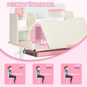 HOMCOM Set de Birou pentru Copii cu Înălțime Reglabilă, Masă de Studiu cu Raft și Spațiu de Depozitare, 80x52x88-109 cm, Roz | Aosom Romania