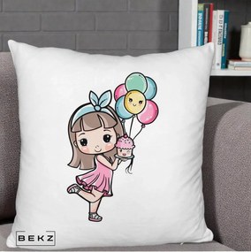 Perna decorativa Fetita Kawaii cu Baloane si Cupcake, 40x40 cm cu Umplutura, Alb Pufos, BEKZ