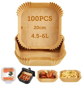100 tavi din hartie pentru friteuze cu aer cald Cosori CLR-R601-NEU, 20 x 20 cm, Rezista pana la 230℃, Maro