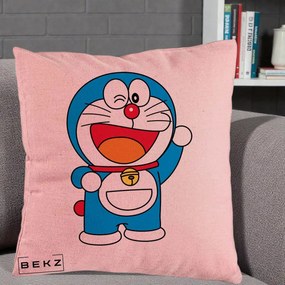 Perna Personalizata Doraemon Salutand, 40x40 cm, Roz, Husa Detasabila, Perna Inclusa, BEKZ®