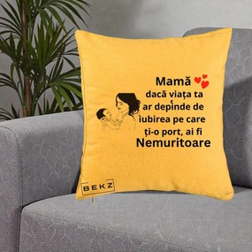 Cadou pentru Mama - Perna Personalizata Mama Nemuritoare Imbratisare Copil, 40x40 cm, Galben, Husa Detasabila, Perna Inclusa, BEKZ®