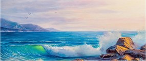 Tablou - Valuri lovind stânci, pictură în ulei (120x50 cm)