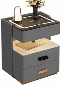 Noptieră inteligentă cu &icirc;ncărcare wireless, iluminare LED, 3 sertare de depozitare, senzor de lumină nocturnă, difuzor Bluetooth și &icirc;ncuietoare biometrică &ndash; gri antracit, design modern din sticlă și lemn