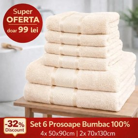 Set 6 Prosoape ROYAL Premium – 100% Bumbac Pieptănat, 550 g/mp, Ultra-Absorbante și Pufoase