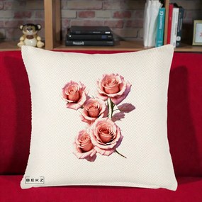 Perna Decorativa Trandafiri Roz Pastel Acuarela, 40x40 cm, Crem Reliefat, Husa Detasabila, Perna Inclusa, BEKZ®