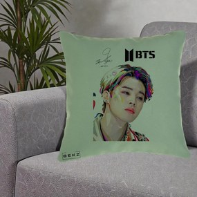 Perna Personalizata K-pop BTS Jimin Portret Artistic Multicolor cu Autograf, 40x40 cm, Verde, Husa Detasabila, Perna Inclusa, BEKZ®
