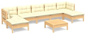 Set mobilier gradina cu perne crem, 8 piese, lemn masiv de pin maro si crem, 8