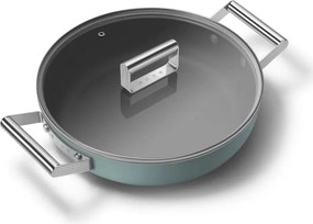 Oală puțin adâncă cu capac Smeg DPF2812EGM, 28 cm, 4,3 l, acoperire ceramică antiaderentă, potrivită pentru cuptor până la 250 °C, fără PFAS, compatibilă cu plitele cu inducție, verde smarald