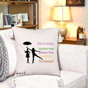 Cadou pentru Sora - Perna Personalizata Sora Mea Te Iubesc Siluete Colorate Umbrela, 40x40 cm, Bej cu Franjuri, Husa Detasabila, Perna Inclusa, BEKZ®