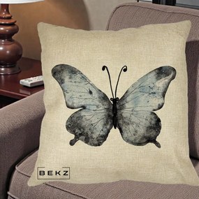 Perna Decorativa Fluture Acuarela Albastru-Gri, 40x40 cm, Crem, Husa Detasabila, Perna Inclusa, BEKZ®