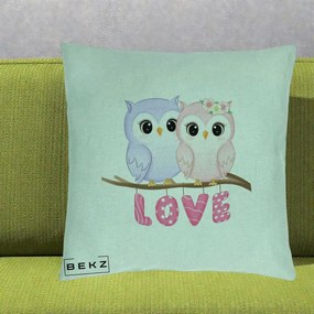 Perna Decorativa Love Bufnite Indragostite pe Crenguta Roz si Mov, 40x40 cm, Verde Menta, Husa Detasabila, Perna Inclusa, BEKZ®