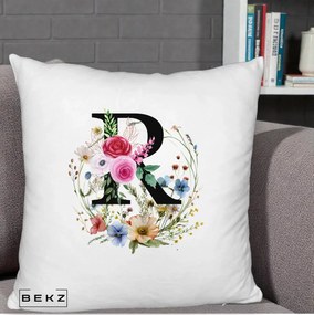 Cadou Personalizat - Perna Personalizata Monogram Litera R cu Flori Acuarela, 40x40 cm, Alb Pufos, Husa Detasabila, Perna Inclusa, BEKZ®