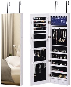 HOMCOM Oglindă pentru Bijuterii cu 6 Lumini LED și Spații de Depozitare, 37x10x120 cm, Alb | Aosom Romania