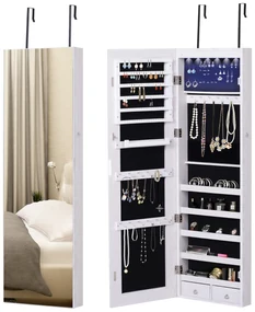 HOMCOM Oglindă pentru Bijuterii cu 6 Lumini LED și Spații de Depozitare, 37x10x120 cm, Alb | Aosom Romania