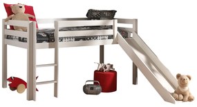 Pat înălțat copii VIPACK Pino cu tobogan, 90 x 200 cm, alb, înălțime 115 cm