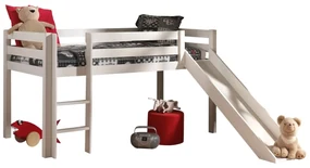 Pat înălțat copii VIPACK Pino cu tobogan, 90 x 200 cm, alb, înălțime 115 cm