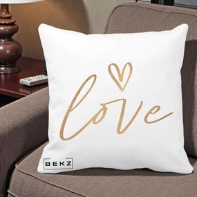 Perna Decorativa Love Caligrafie Aurie, 40x40 cm, Alba Mata, Husa Detasabila, Perna Inclusa, BEKZ®