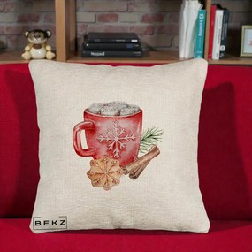 Perna Decorativa Cacao de Iarna cu Biscuit, 40x40 cm, Bej Canapea, Husa Detasabila, Perna Inclusa, BEKZ®