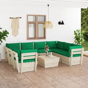 Set mobilier gradina din paleti, 9 piese, cu perne, lemn de molid Verde, 4x mijloc + 4x colt + masa, 1