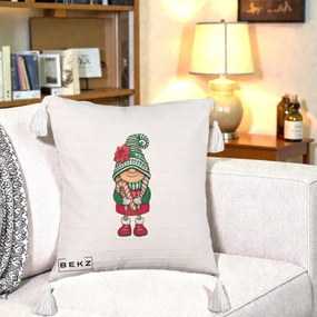Perna Decorativa Gnom Craciun Verde cu Bomboane si Floare, 40x40 cm, Bej cu Franjuri, Husa Detasabila, Perna Inclusa, BEKZ®
