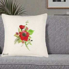 Perna Decorativa Buchet Rosu Acuarela, 40x40 cm, Crem Reliefat, Husa Detasabila, Perna Inclusa, BEKZ®