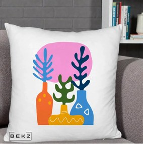 Perna Decorativa Vaze Botanice Abstract, 40x40 cm, Alb Pufos, Husa Detasabila, Perna Inclusa, BEKZ®